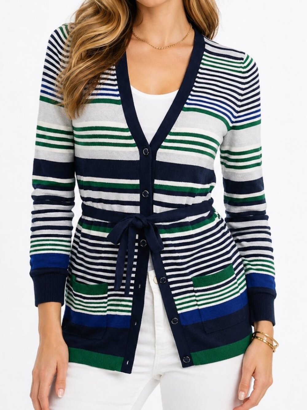 Banana Republic Striped Belted V-Neck Cardigan Navy Green Small